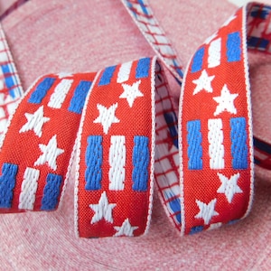 VINTAGE Jacquard Trim Ribbon Woven Jacquard Ribbon Trim Tape Blue white on red~Stars and Stripes~7/8&quot;