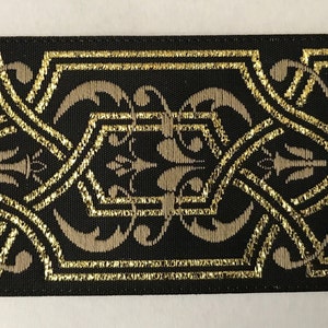 39mm Jacquard Ribbon Trim Woven Jacquard Ribbon Renaissance Fair Costume Trim~Dark Cream~Black~gold metallic Floral scroll~1/9/16&quot;