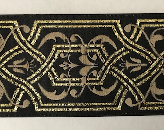 39mm Jacquard Ribbon Trim Woven Jacquard Ribbon Renaissance Fair Costume Trim~Dark Cream~Black~gold metallic Floral scroll~1/9/16"