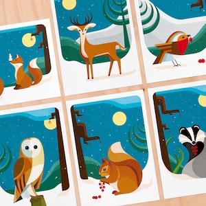 Set of 6 Christmascards: Owl, Badger, Squirrel, Foxes, Deer and Robin | including envelopes
