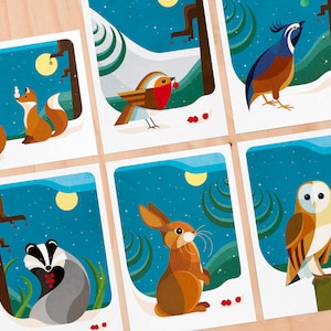 Set of 8 Christmascards: Rabbit, Partridge, Owl, Badger, Squirrel, Foxes, Deer and Robin | including envelopes