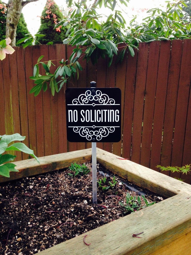 Attractive No Soliciting Sign Attached to a Sturdy Aluminum Stake. The Perfect sign for a flower pot or planter box. FREE SHIPPING image 1