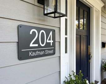 Modern House Number Sign, Dark Grey Panel, White Graphics (6x9 inch)