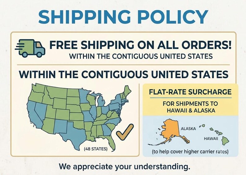 Peut inclure: Un graphique de politique d'exp&eacute;dition pr&eacute;sentant une carte des &Eacute;tats-Unis contigus en vert et bleu avec une coche. Une case s&eacute;par&eacute;e affiche une carte de l'Alaska et d'Hawa&iuml; en orange et vert avec du texte concernant un suppl&eacute;ment forfaitaire.