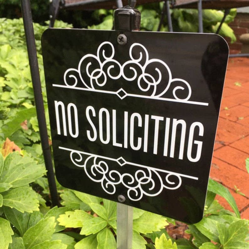 Attractive No Soliciting Sign Attached to a Sturdy Aluminum Stake. The Perfect sign for a flower pot or planter box. FREE SHIPPING image 2