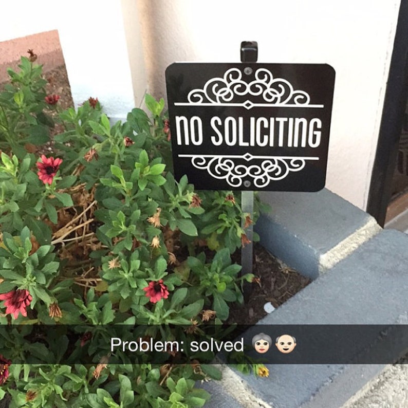 Attractive No Soliciting Sign Attached to a Sturdy Aluminum Stake. The Perfect sign for a flower pot or planter box. FREE SHIPPING image 3