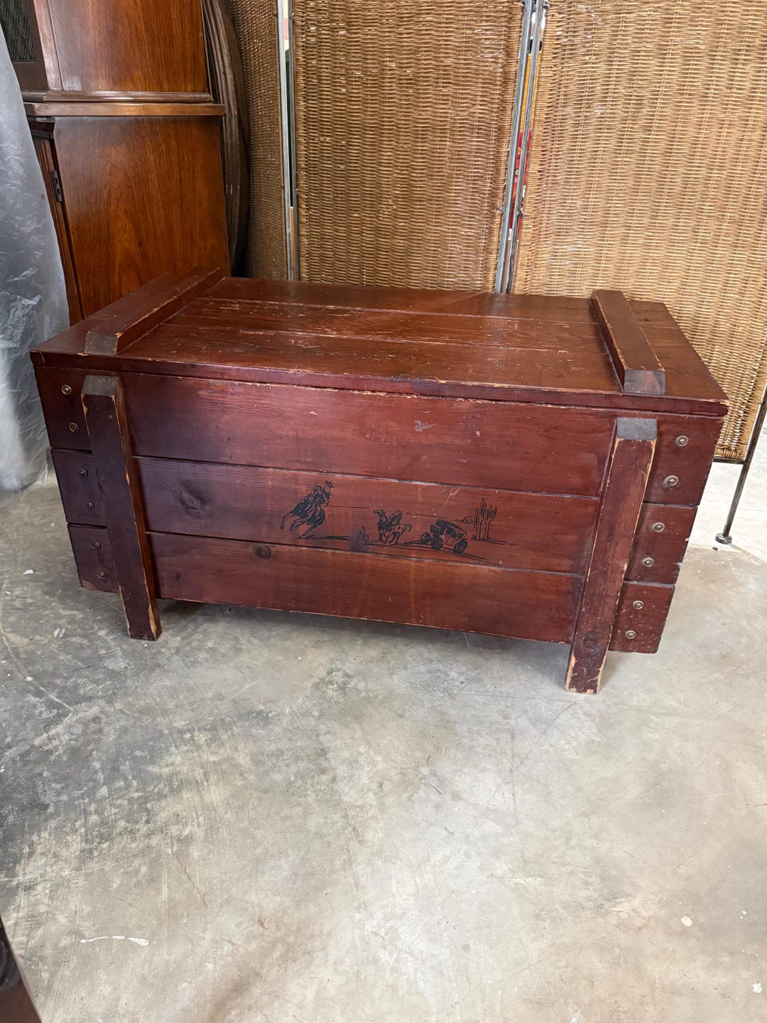 Primitive Vintage Pine Treasure Chest Toy Box Cowboy Western Scene ...