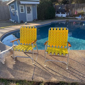 Vintage Sunny Yellow Vinyl Strap folding Patio Chairs (a Pair) Aluminum frame Wood Armrests * Patio Chairs * Poolside * Not Free Shipping