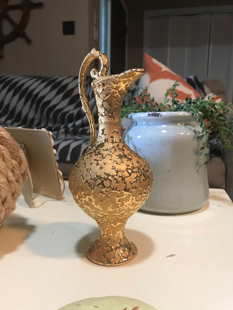 Mid Century Hand Decorated Pitcher Weeping Bright Gold Vase 22 Etsy