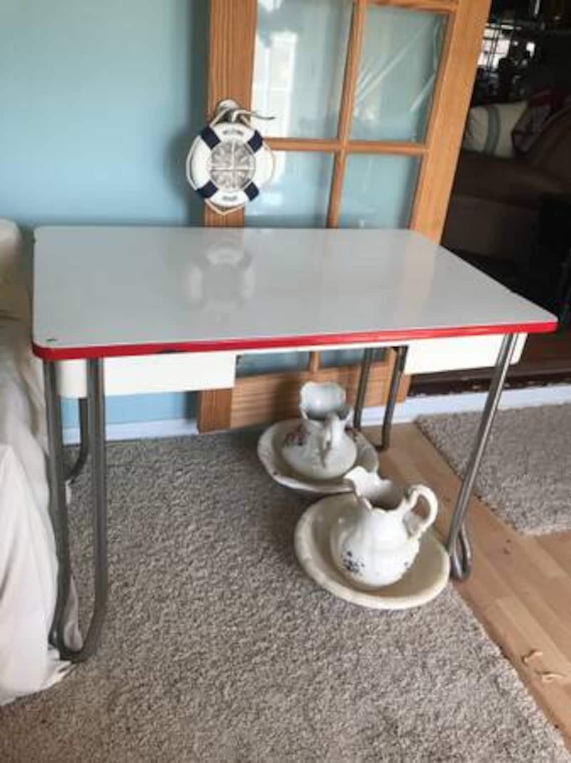 Vintage Porcelain / Enamel Kitchen Dining Table Red & White Etsy