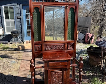 Vintage Solid Cherry Hall Tree Gothic Renaissance Emerald Green Glass * for Restoration *** Pick up Only * Not Free Shipping