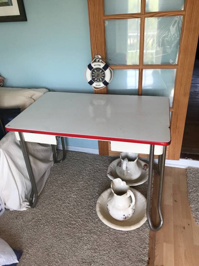 Vintage Porcelain / Enamel Kitchen Dining Table Red & White Etsy