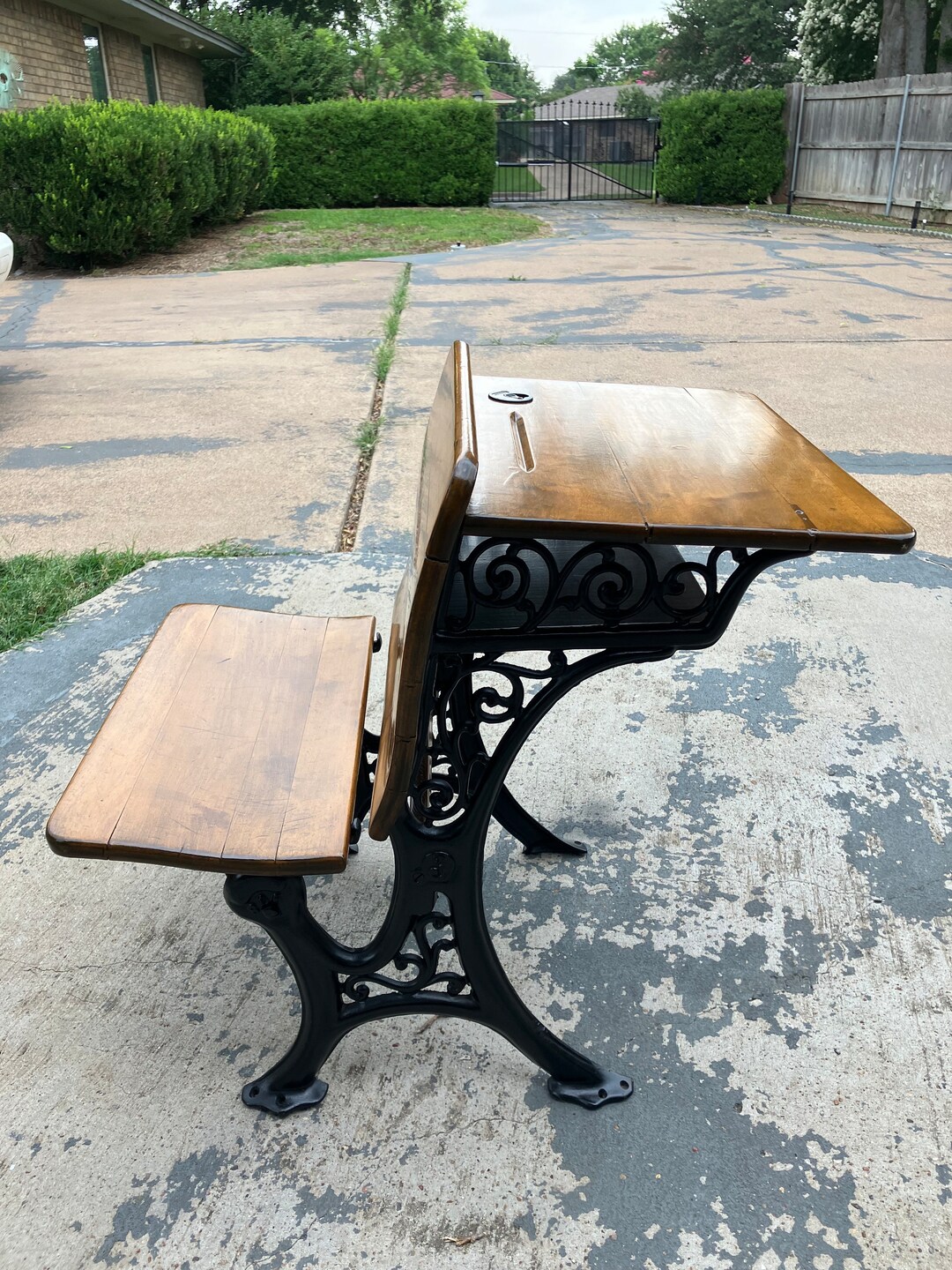 Stunning Vintage Folding Wooden Desk With Scrolled Iron Base Bakelight