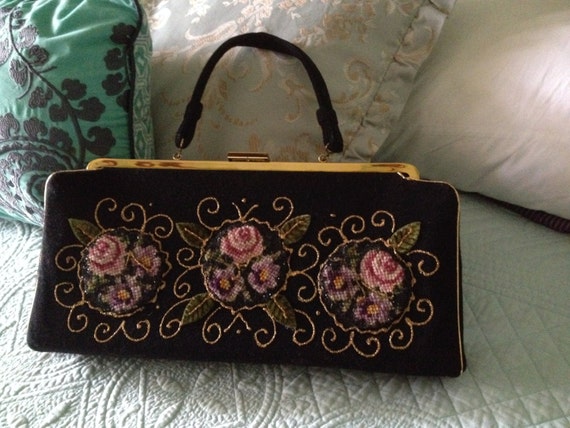 Black felt 1950s handbag with tapestry applique - image 1