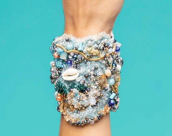 Beaded Turquoise Bracelet, Boho Beach Cuff, Mermaid Jewelry, Destination Beach Wedding Accessory