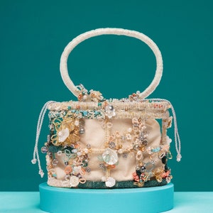 Bolso de cuentas, bolso de cuentas, bolso vintage de cuentas, bolso hecho a mano, bolso de palma, bolso de jaula, bolso bordado con cristales, bolso de sirena, bolso de océano, bolso náutico