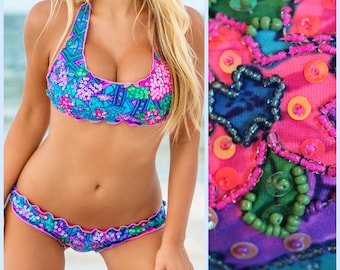 Cute and Colorful Beaded Bikini with Cheeky bottoms and a halter sporty swim suit top,  boho mermaid style for surf and lounge