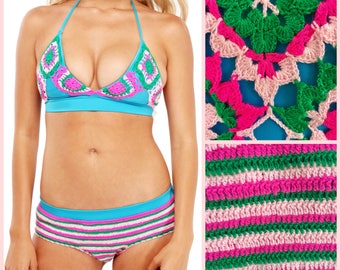Crochet Bikini Top and Bottom – Boho Two Piece Bathing Suit in Pink and Green Crochet over Blue Spandex