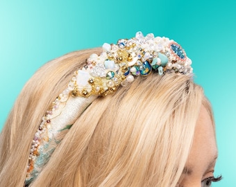 Beaded Mermaid Headband, Coastal Crystal Bridal Crown, Embellished Beach Bridal Hair Accessory