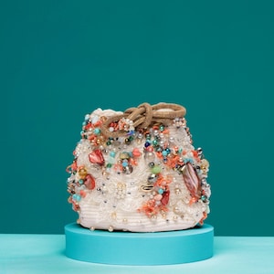 Embroidered Boho Crossbody Bag Colombian handcrafted Wayuu handbag embellished lace crystals pearl shells coral turquoise purse beaded bag