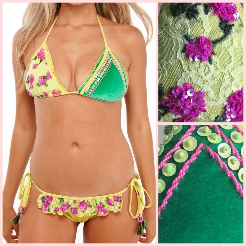 Velvet Bikini Yellow and Green Two Piece With Ruffle Bikini Etsy