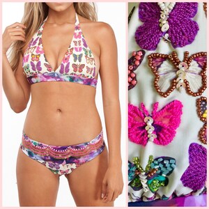 Beautiful Butterfly Sequin Bikini Top and Bottom, Two Piece Bikini with Cheeky Bottom with support halter top good for busty large chest
