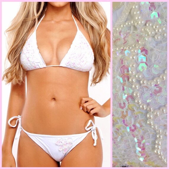 White String Bikini Bride Bikini With Sequin and Pearl White