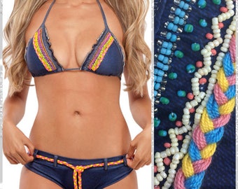 Country Cowgirl Bikini – Denim Beaded Triangle Top and Cheeky Bottoms, Colombian style cheeky swimsuit, unique embroidered swimwear summer