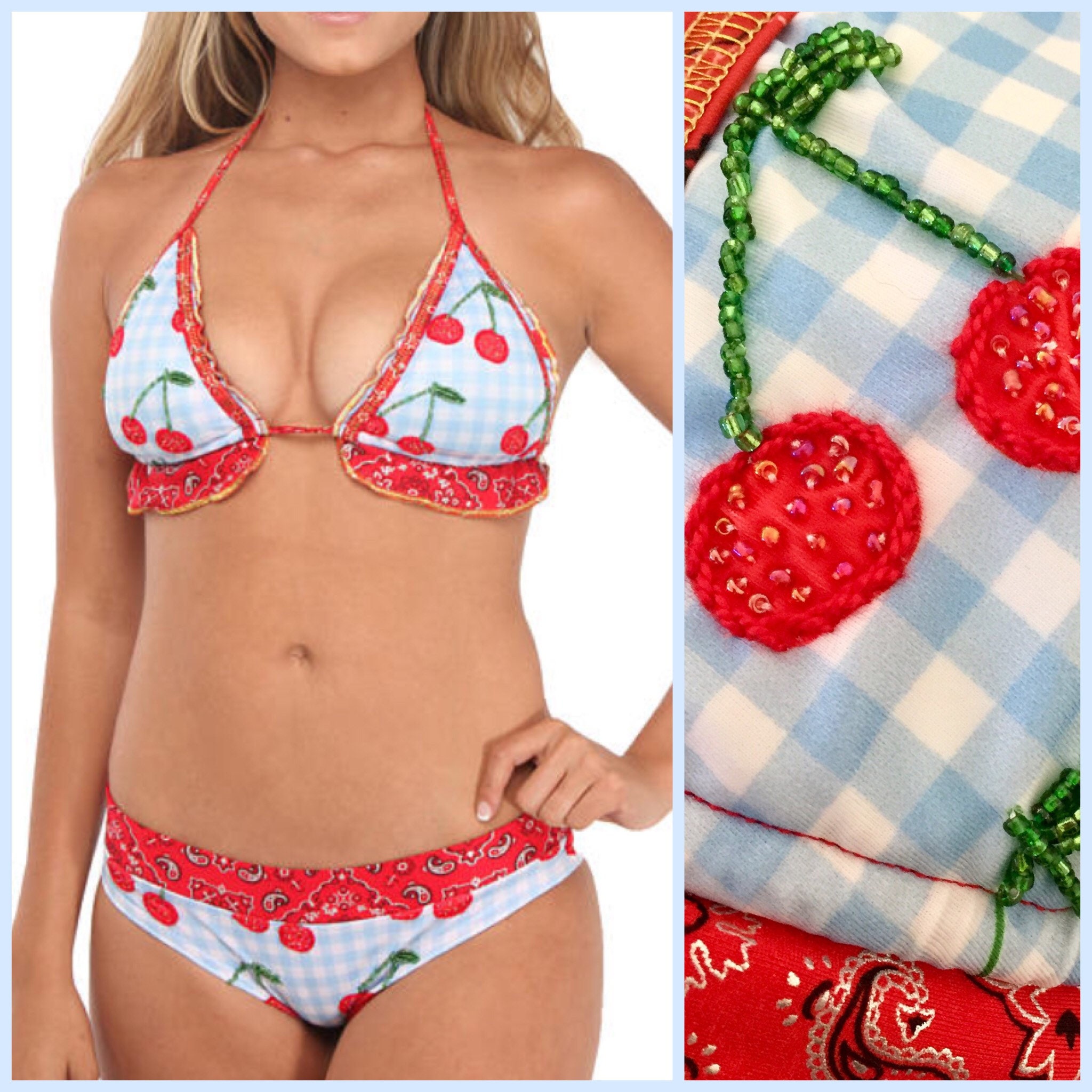 Cherry Bikini for Women White and Red Bikini With Gingham and Bandana Print  and Bikini Bottom Cheeky 