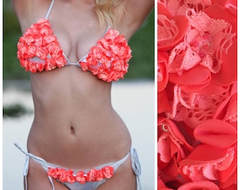 Flower Bikini – Cute Coral Bikini Top with Lace Flower Applique and Scrunch Butt Bikini Bottom