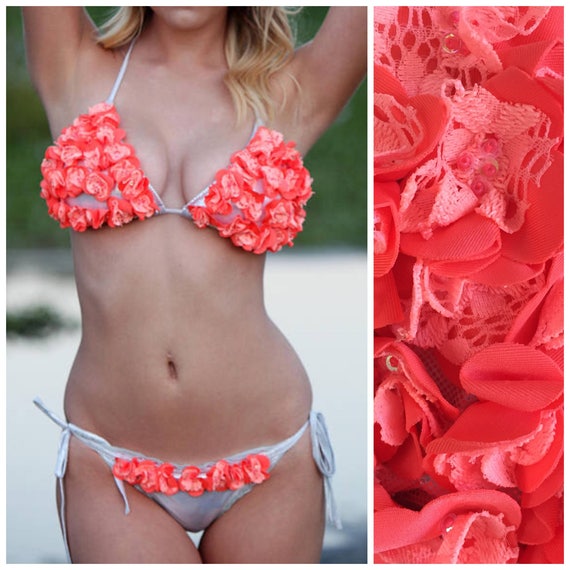 Flower Bikini Cute Coral Bikini Top With Lace Flower Applique and Scrunch  Butt Bikini Bottom -  Canada