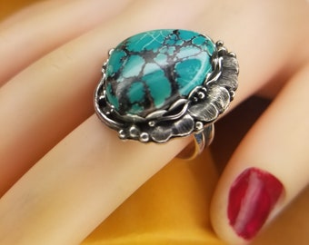 Bohemian Style 925 Sterling Silver Hubei Turquoise Ring