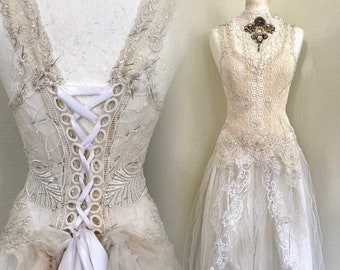 Bridal gown vintage lace , handmade boho wedding dress one of a kind