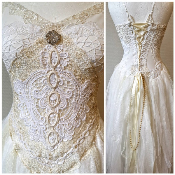 Boho wedding dress pure white, one of a kind , antique lace, bridal gown unique
