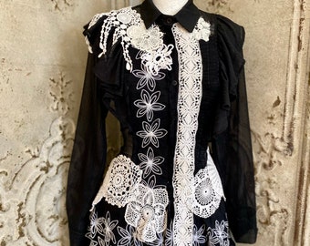 Victorian lace shirt Black and White , gothic shirt,boheme black deluxe jacket,vintage inspired RawRags