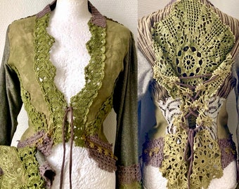 Woodland cardigan green RAWRAGS elven lace jacket  , colors of nature , eco clothing, handmade green coat