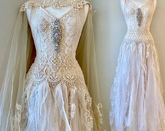 White Boho wedding dress fairy tale colors,bridal gown for faries,Elven wedding dress rustic,bohemian wedding