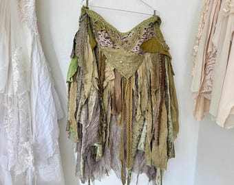 Boho green  skirt ragged vintage lace , pixie wedding skirt , Raw Rags