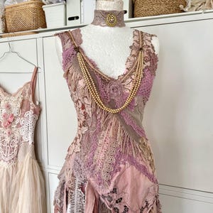 Burning man Boho Wedding dress in pink peach ,alternative beach wedding dress , womens clothing Raw Rags