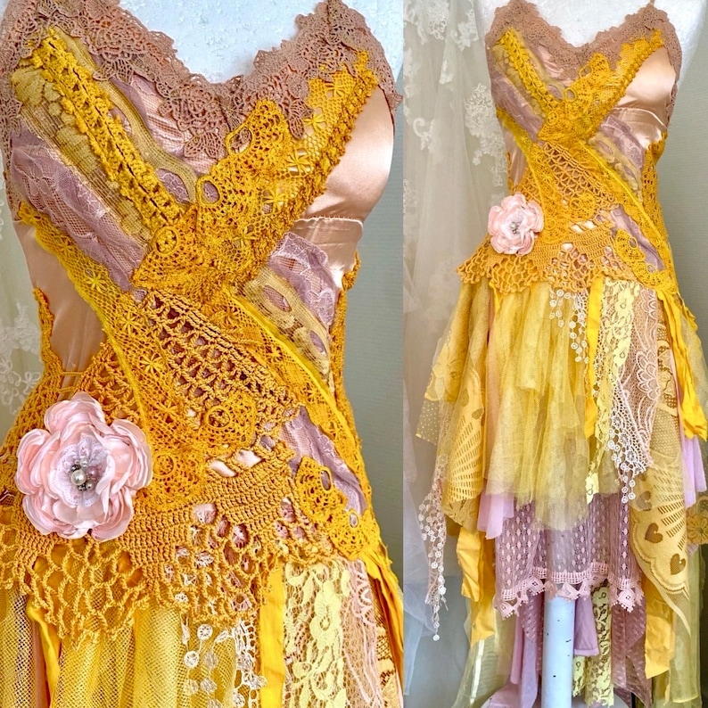 Yellow Fairy Wedding dress forest queen,boho wedding dress out door,upcycled,bridal dress fantasy queen,rawrags bride to be image 9