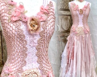 Pink Boho wedding dress fairy tale colors,bridal gown for faries,Elven wedding dress rustic,bohemian wedding