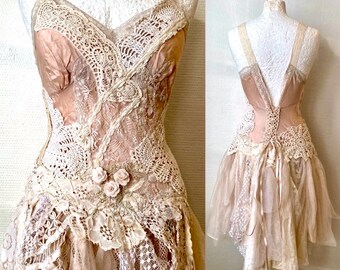 RESERVED Fairy wedding dress with roses , Boho wedding dress dusty pink ,bridal gown rose colors,