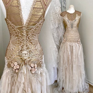 Wedding dress golden one of a kind , alternative bridal gown , beach wedding dress bride to be RawRags