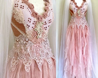 Pink Boho wedding dress fairy tale colors,bridal gown for faries,Elven wedding dress rustic,bohemian wedding