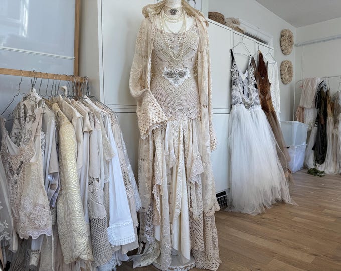 Boho Lace Wedding Dress: Upcycled Vintage Raw Rags Gown - Etsy