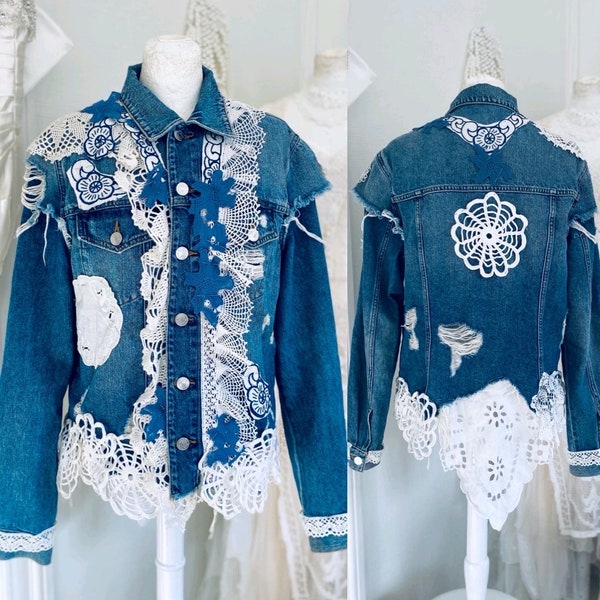 Jean jacket with lace , one of a kind shabby chic womens clothing