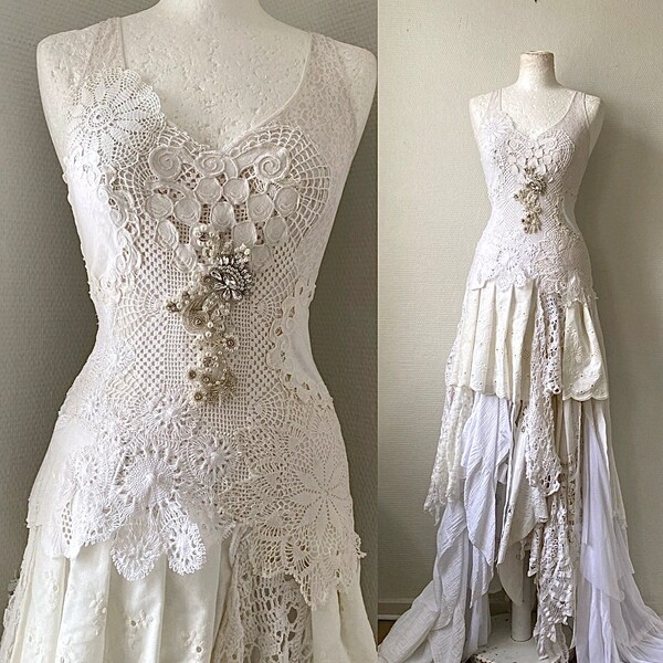 SOLD Handmade wedding gown, shabby elegance upcycled, vintage inspired , Victorian wedding, one of a kind gown, fairytale dress