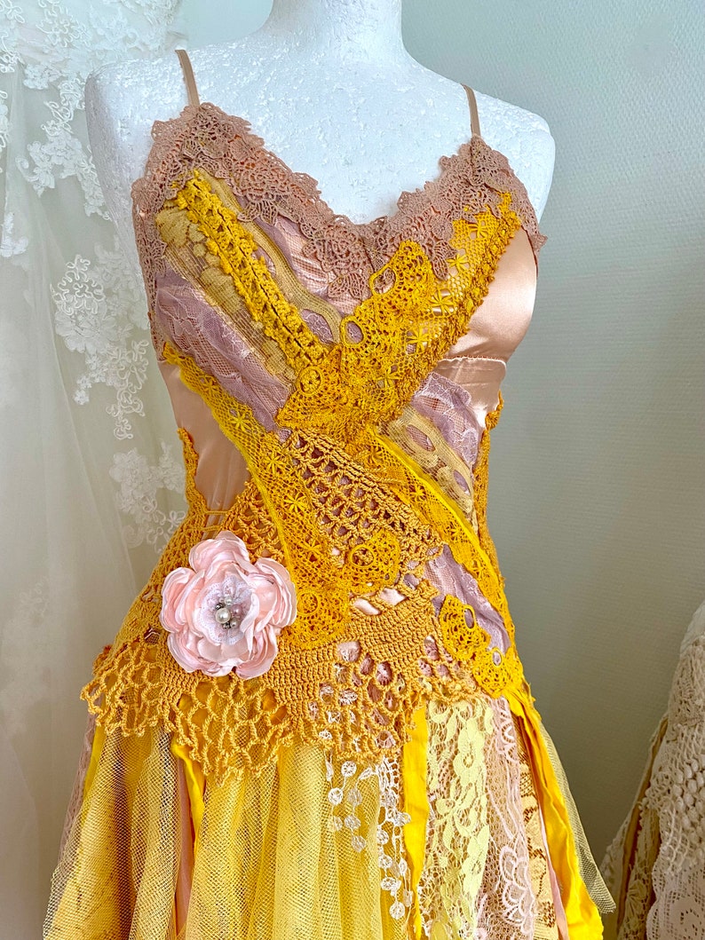 Yellow Fairy Wedding dress forest queen,boho wedding dress out door,upcycled,bridal dress fantasy queen,rawrags bride to be image 3