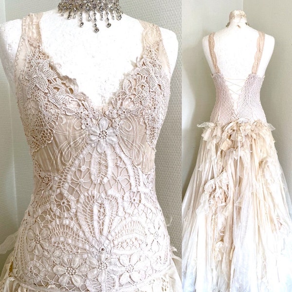 Bridal gown vintage lace , handmade boho wedding dress one of a kind