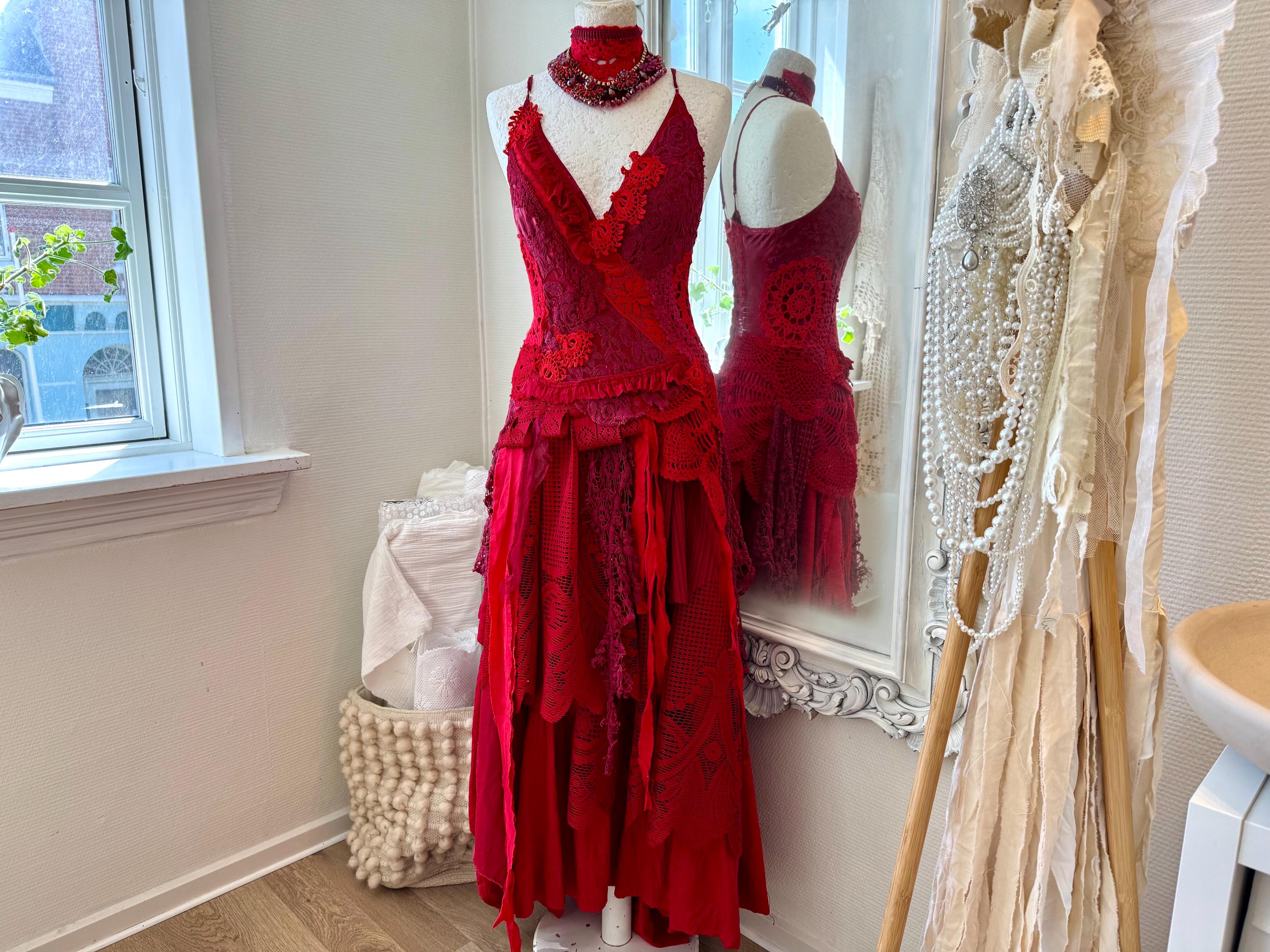 ripped red dress Handmade Red Gypsy Dress, Tattered Boho Rawrags